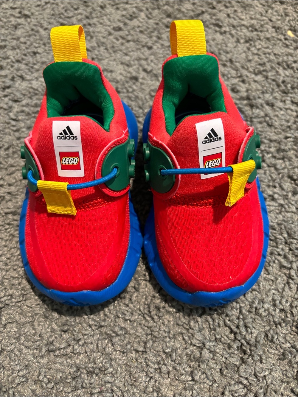 adidas Kids Red, Blue & Green LEGO Slip-On Sneakers with Yellow Tabs 4C